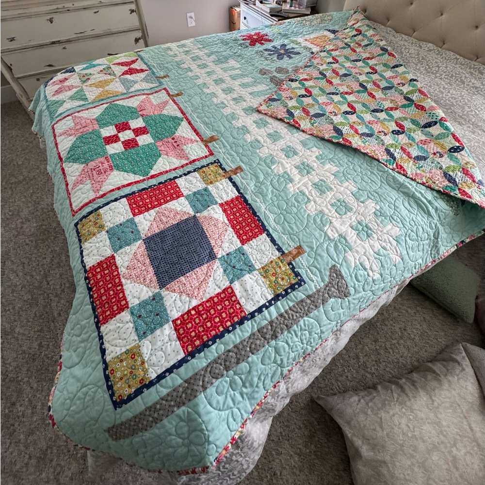 Homemade Aqua Blue Quilted Folk Art Quilt with Geometric Patterns - Picture 8 of 10
